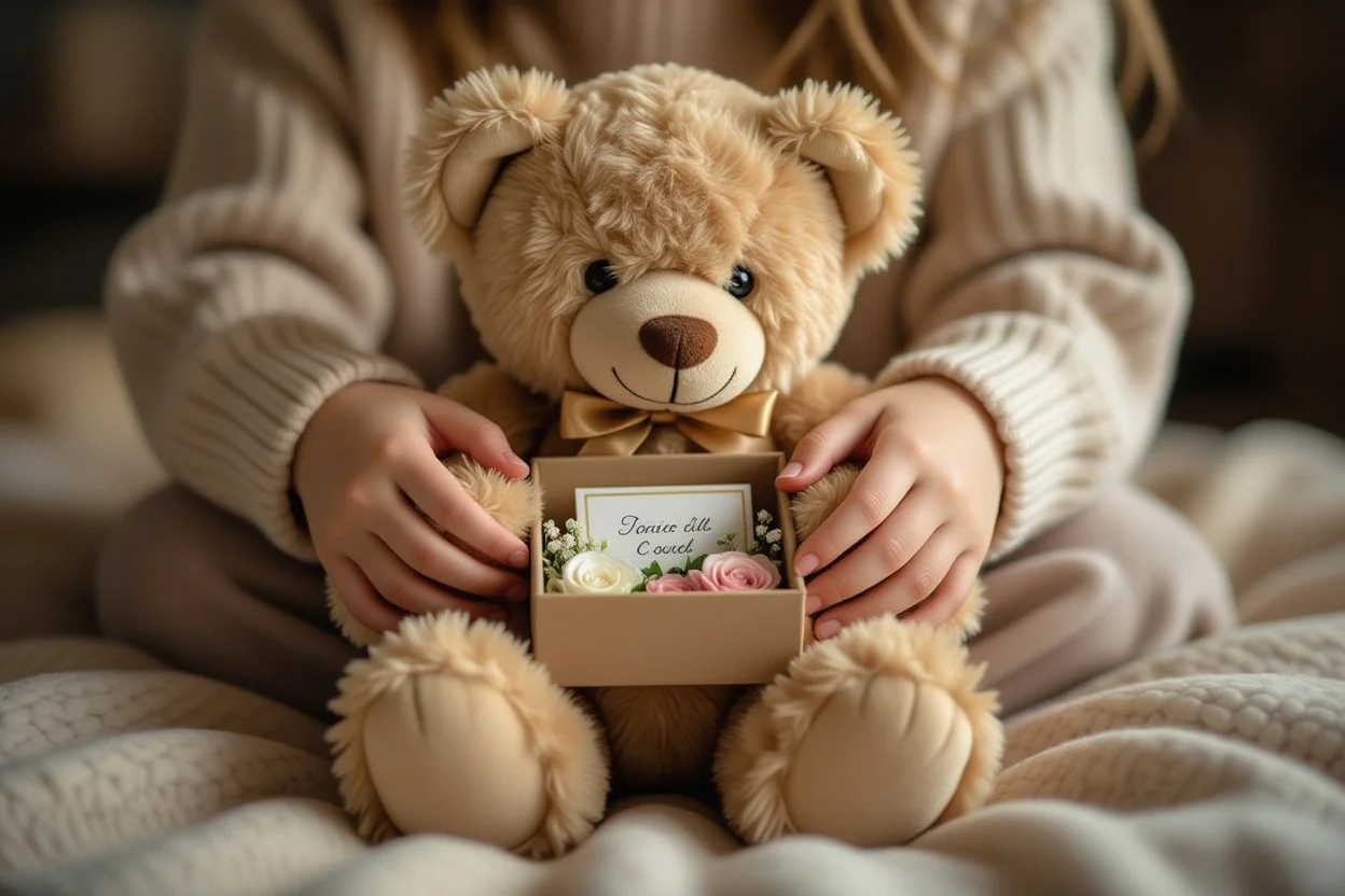 Hands discovering hidden surprise gift inside teddy bear romantic present
