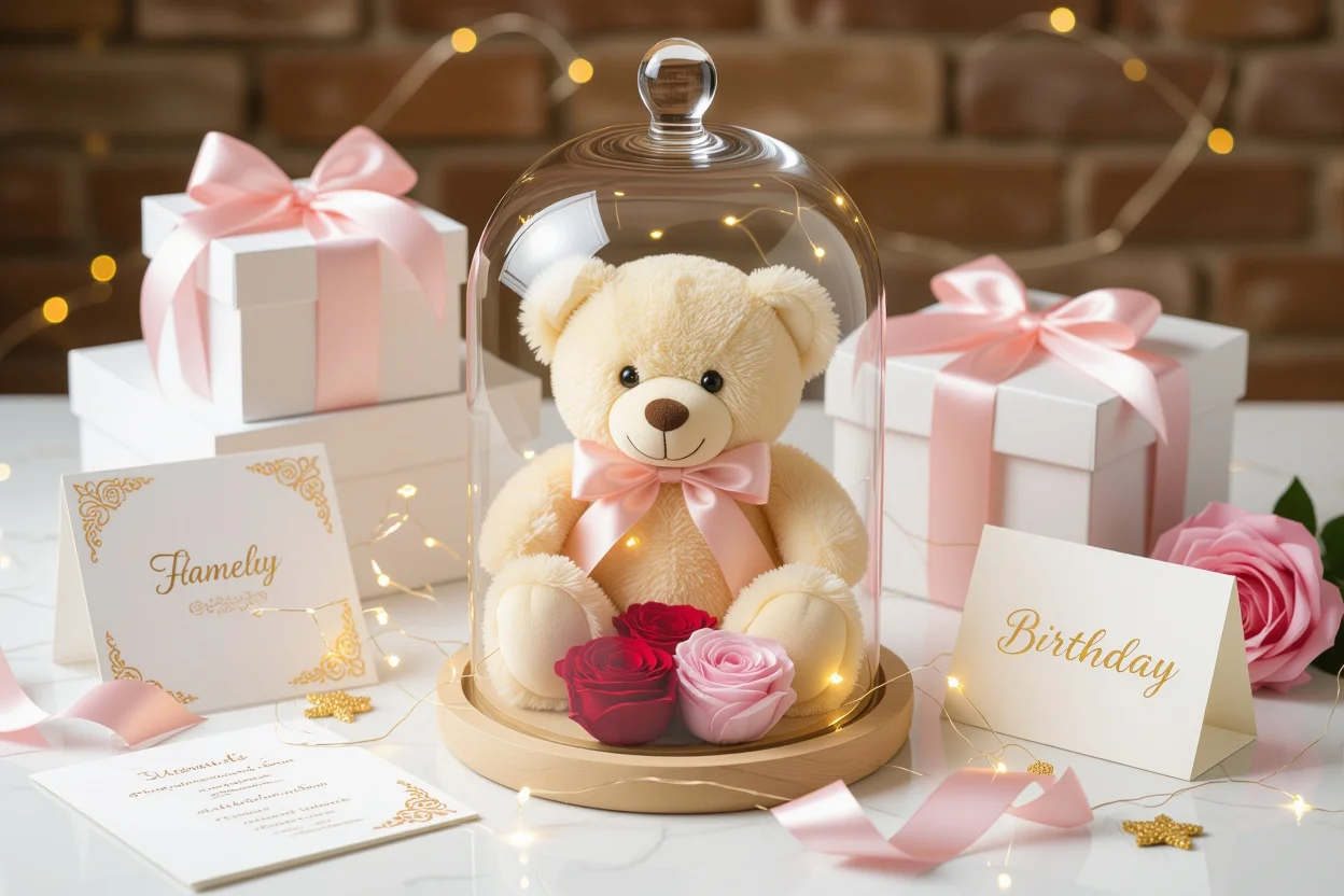 Romantic gift arrangement with teddy bear and preserved flowers for Valentine's Day birthday present
