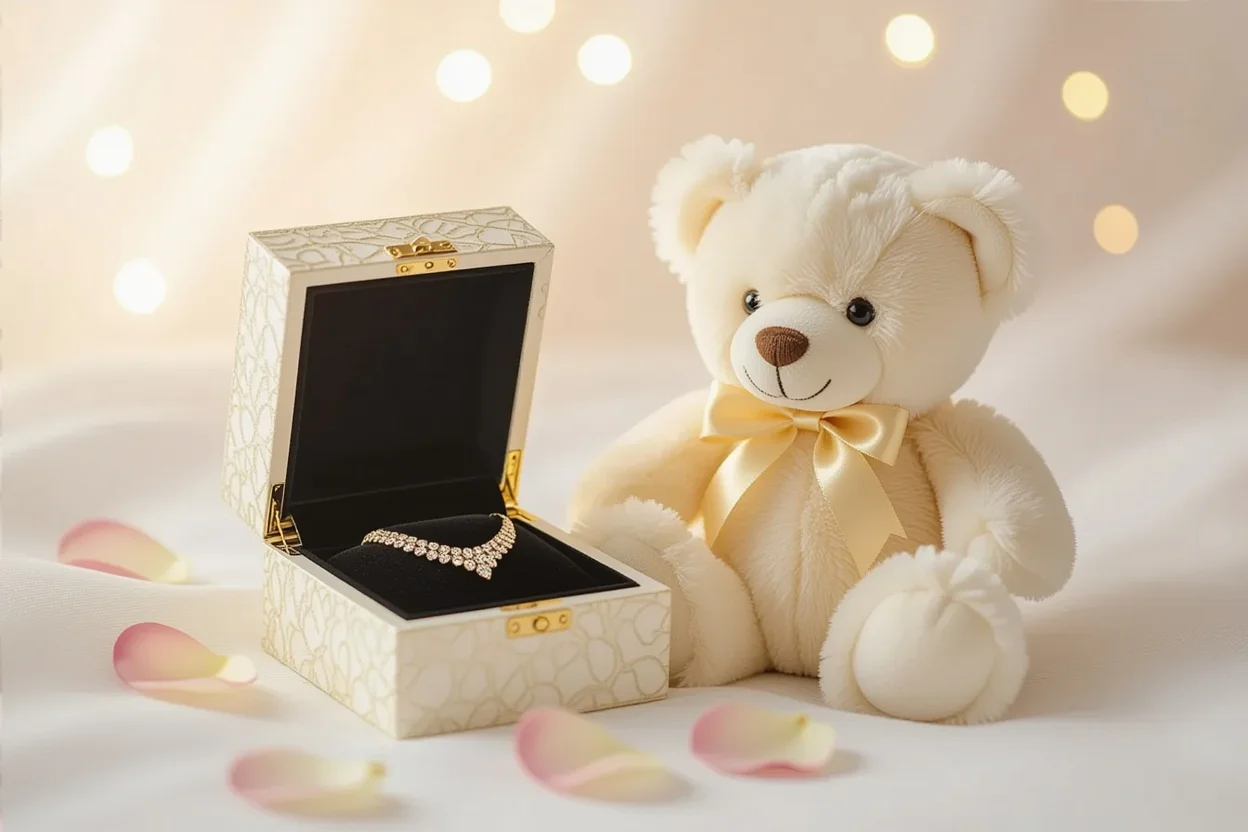 Romantic teddy bear with hidden 18k gold necklace compartment revealed, surrounded by rose petals