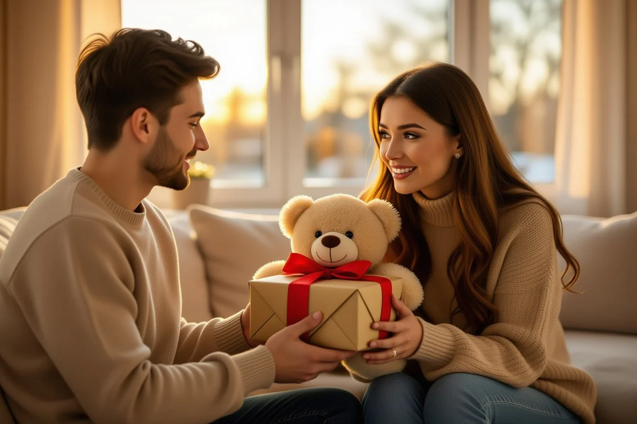 Man giving romantic teddy bear gift to girlfriend in cozy living room setting for relationship reconciliation