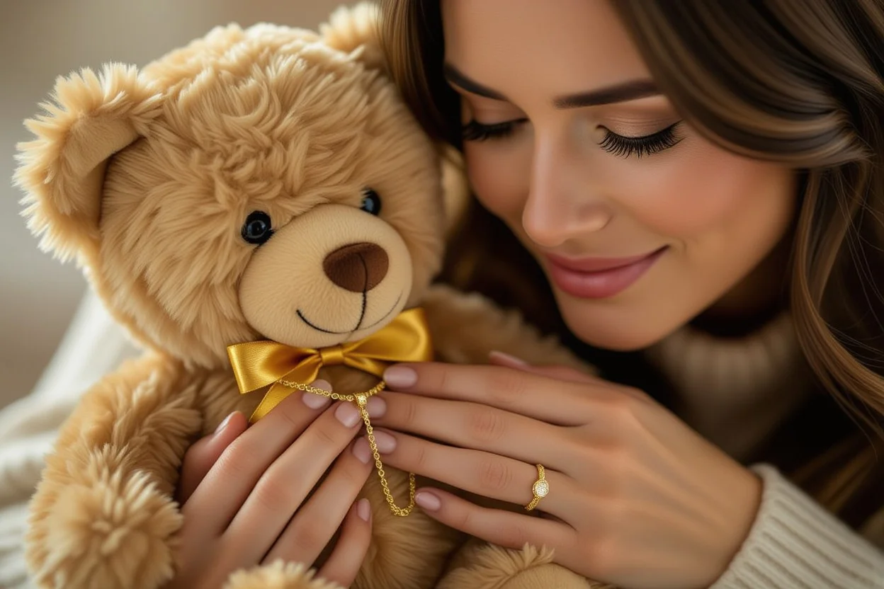 Woman discovering hidden gold necklace in romantic teddy bear gift with tears of joy