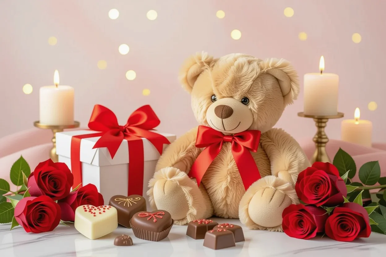 Romantic Valentine's Day gift arrangement with teddy bear, roses, and chocolates for ultimate romantic gifts