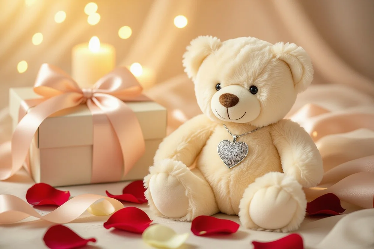 Hidden necklace teddy bear romantic gift with heart pendant on rose petals