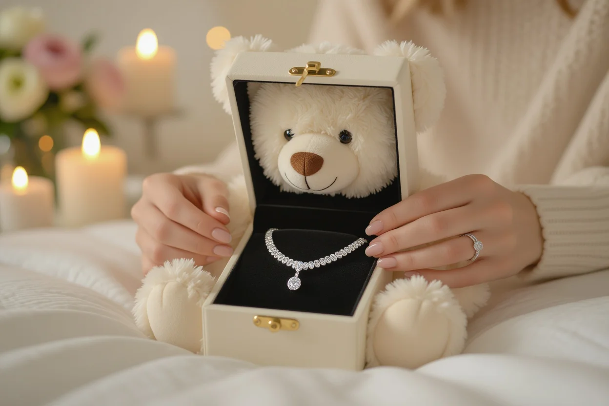 Hands discovering hidden jewelry compartment in romantic teddy bear gift