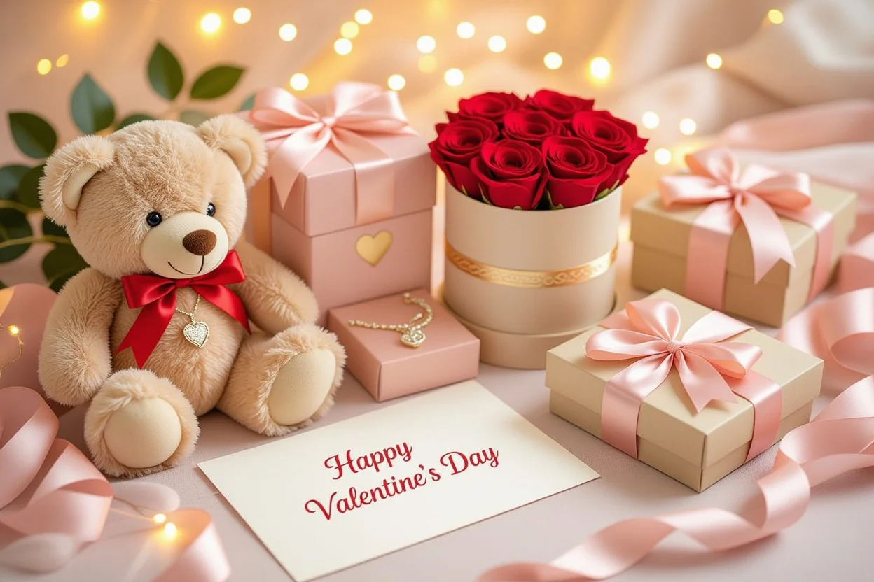 Romantic Valentine's Day gift collection with teddy bear and preserved flowers flat lay