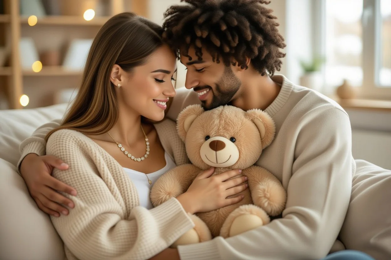 Happy couple embracing with romantic teddy bear gift and hidden necklace surprise