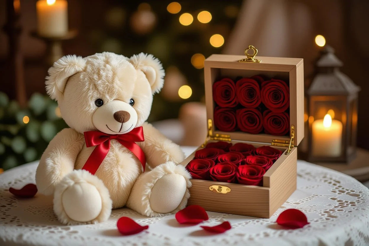 Romantic teddy bear with hidden preserved roses surprise compartment for girlfriend gift