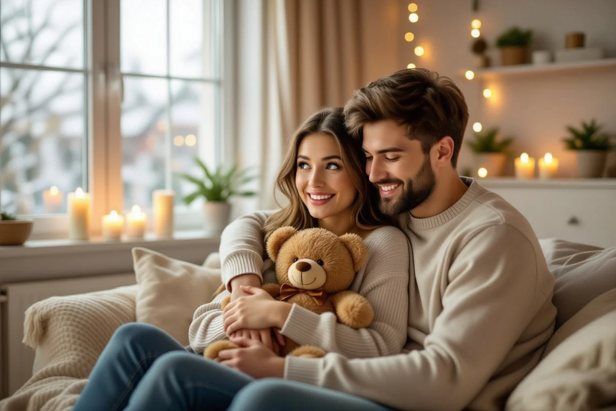 Couple sharing romantic moment with surprise teddy bear gift for relationship reconciliation