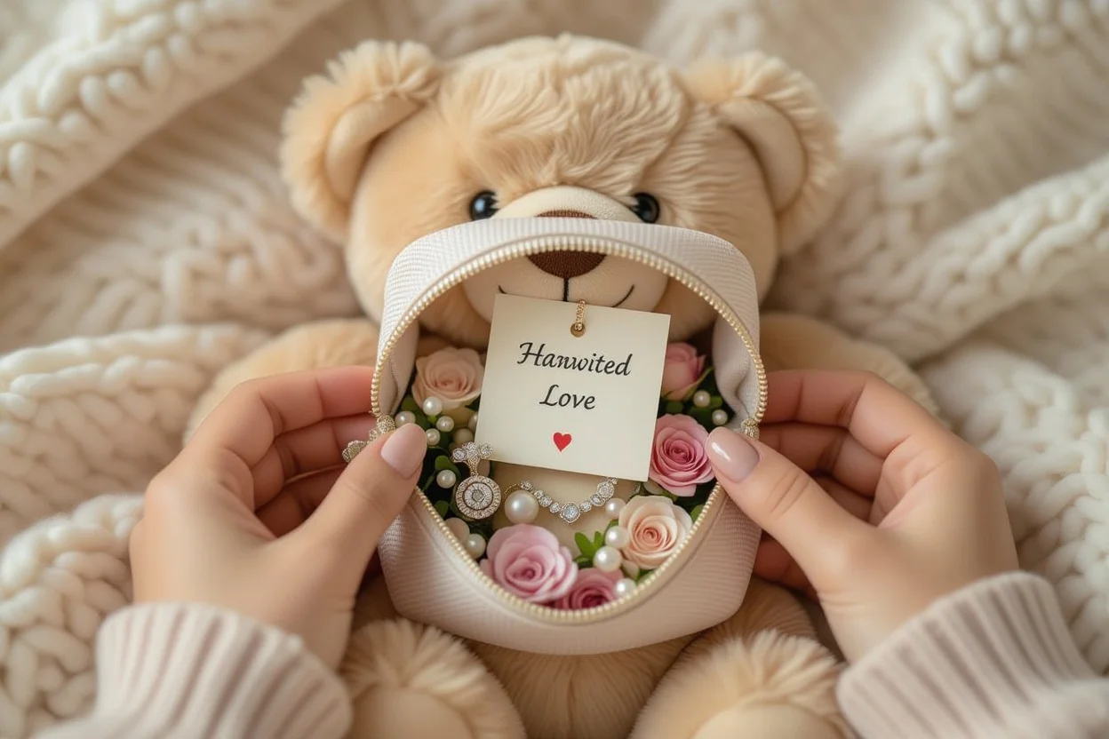 Hidden surprise compartment in teddy bear revealing romantic gifts and love notes