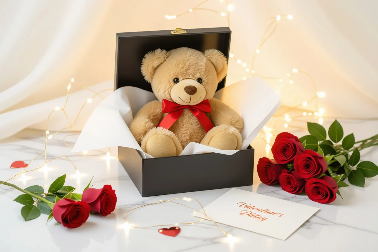 Luxury romantic teddy bear gift presentation with roses and romantic lighting for special occasions
