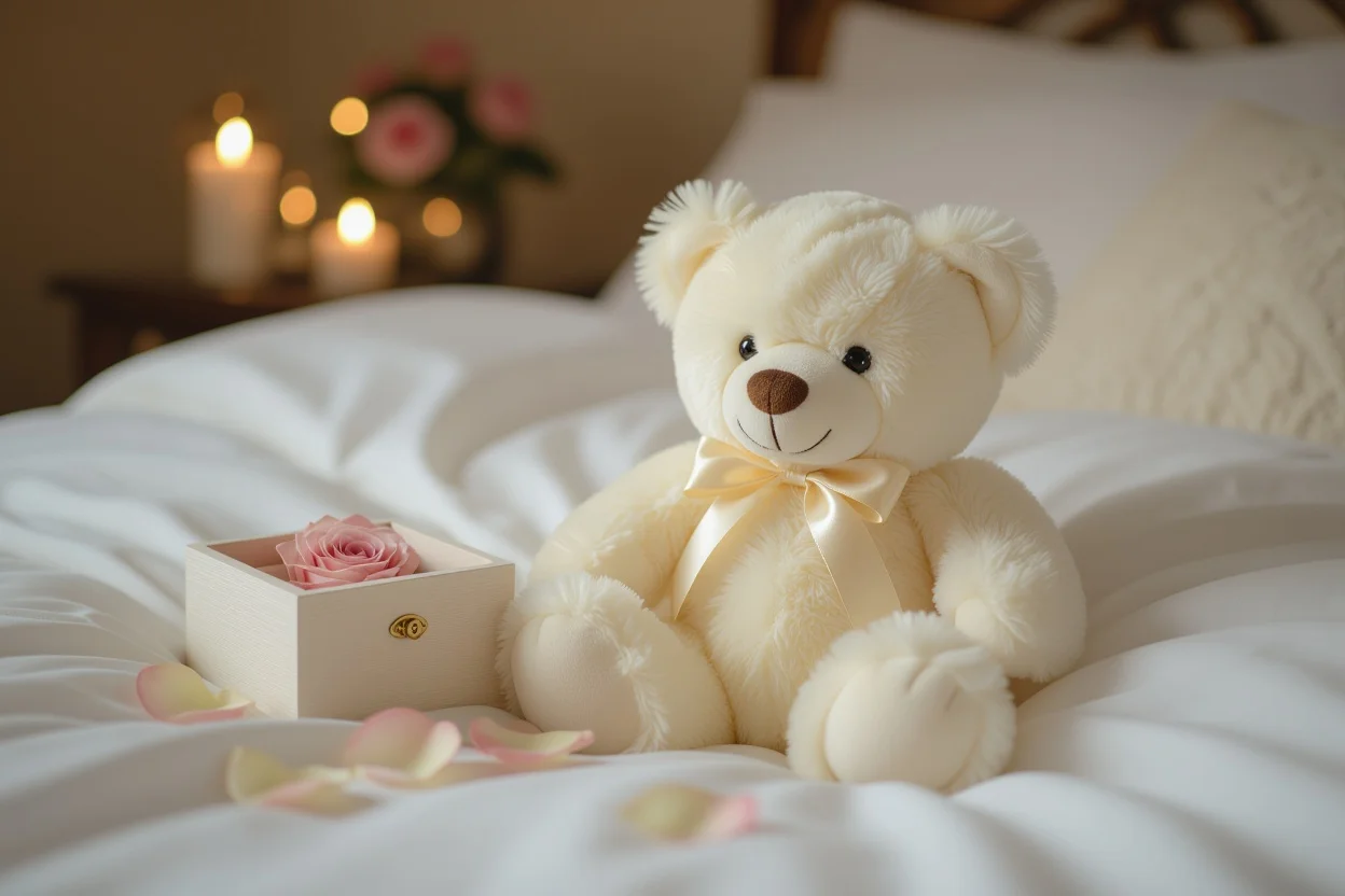 Teddy bear with hidden surprise compartment revealing romantic gift inside