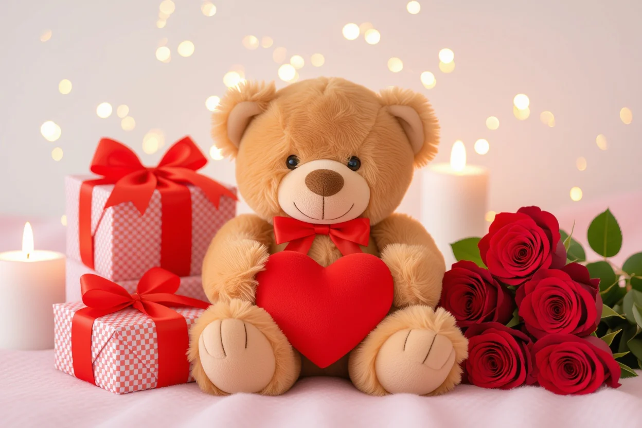 Valentine's Day teddy bear romantic gift arrangement with roses and candles