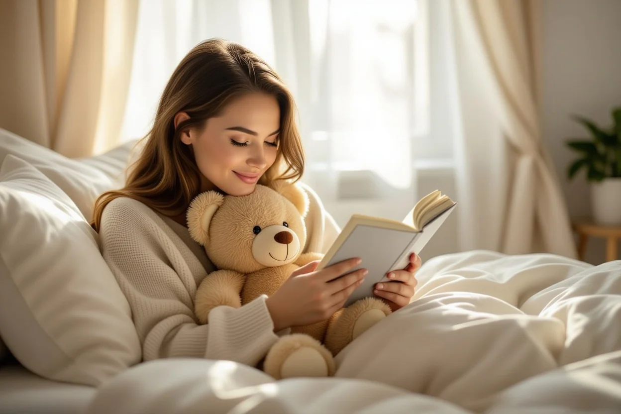 Woman cuddling comfort teddy bear gift in cozy bedroom setting