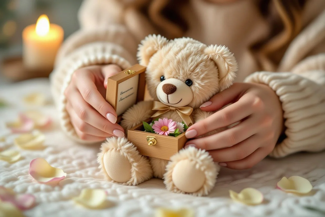 Hands discovering hidden surprise in romantic teddy bear gift