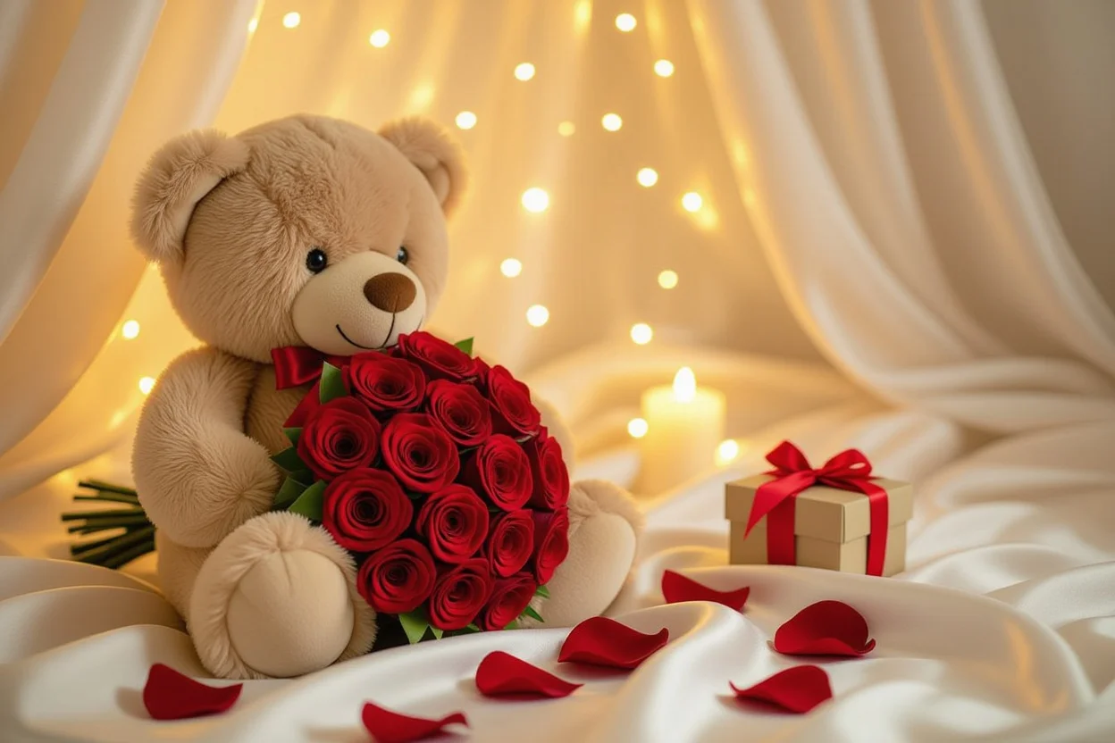 Romantic teddy bear gift with preserved roses and fairy lights for Valentine's Day surprise