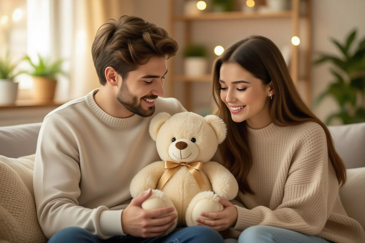 Couple sharing romantic moment with teddy bear gift for relationship reconciliation