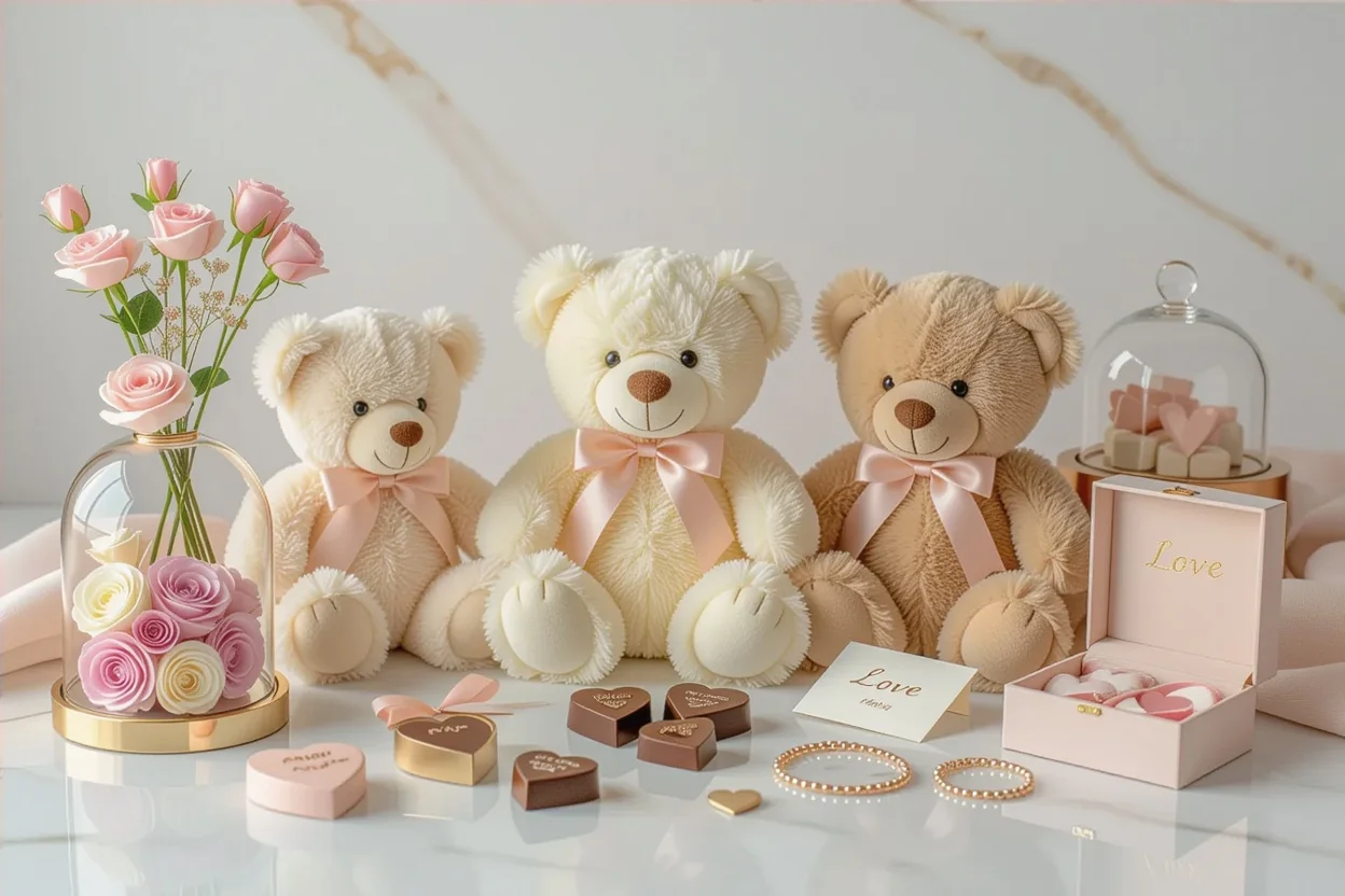 Elegant flat lay of romantic teddy bear gifts and preserved flowers for women