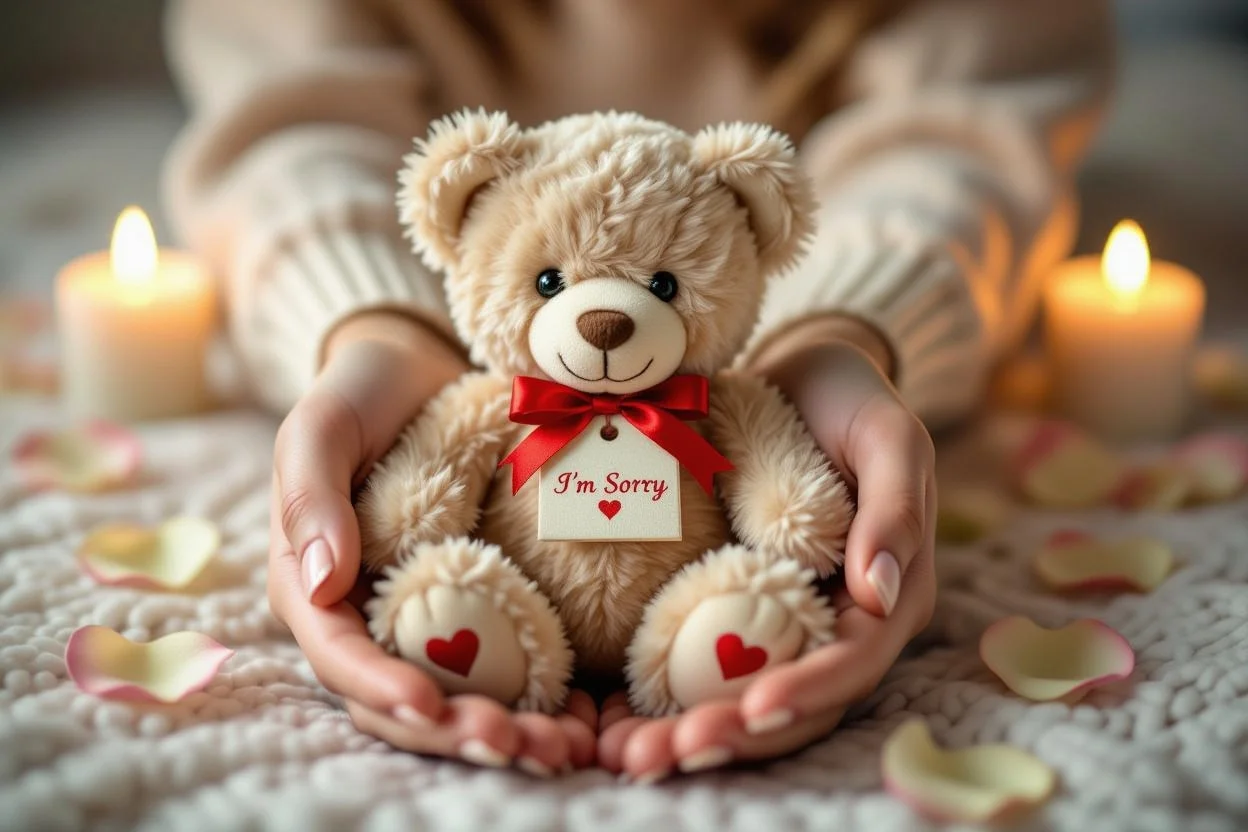 Close-up of apologetic teddy bear gift with heart and sorry message for relationship healing