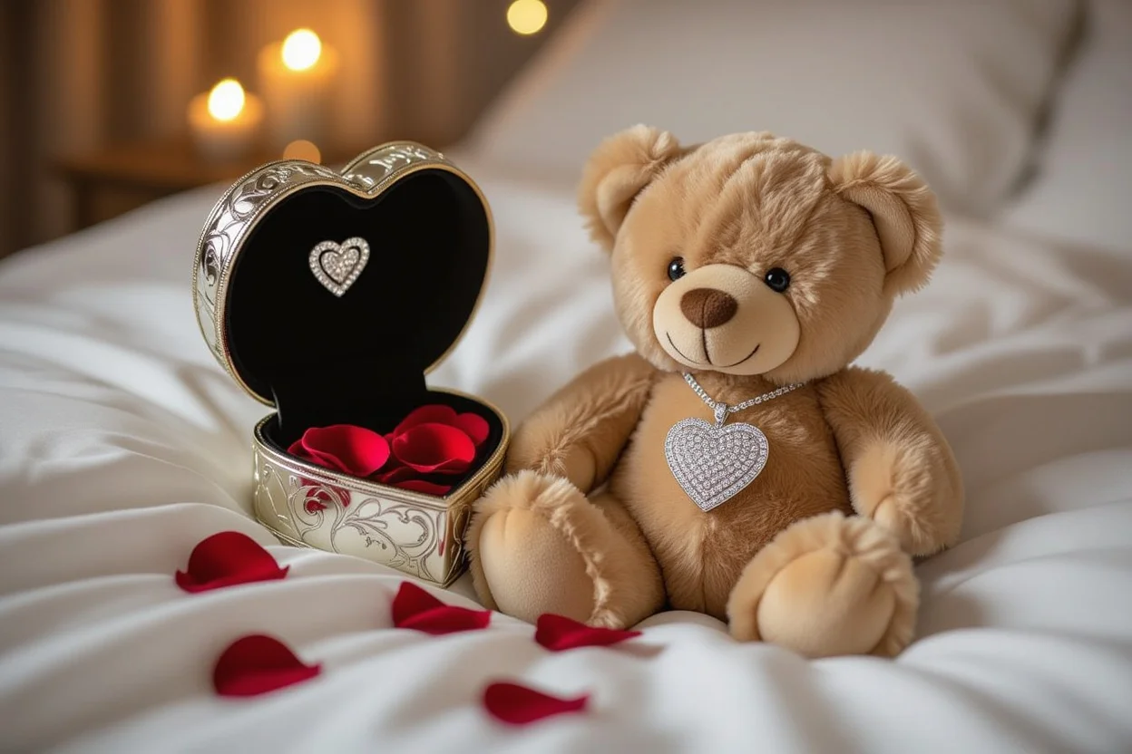 Hidden necklace teddy bear romantic surprise gift with heart pendant and rose petals