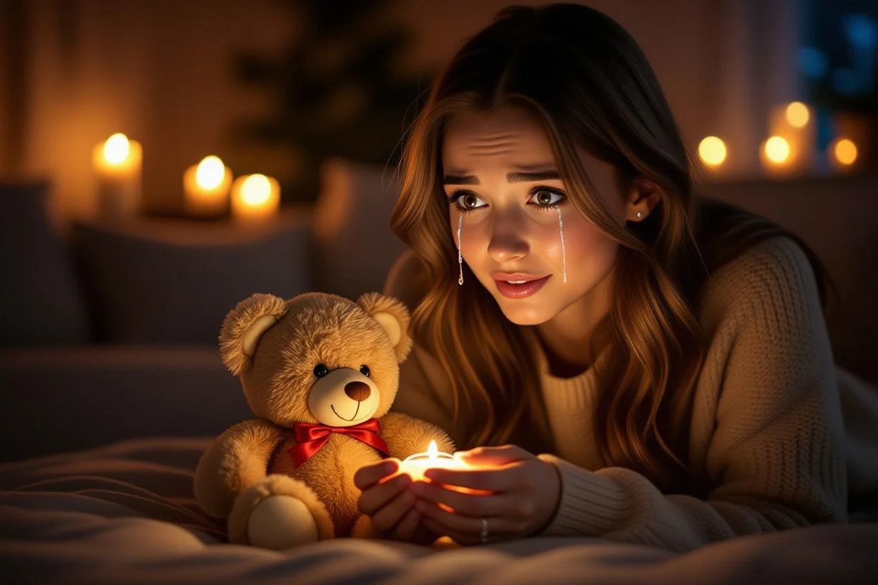 Woman crying happy tears discovering hidden necklace in teddy bear romantic surprise gift