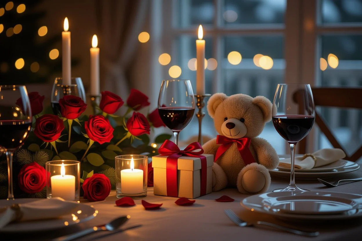 Romantic anniversary dinner table with teddy bear surprise gift and candles