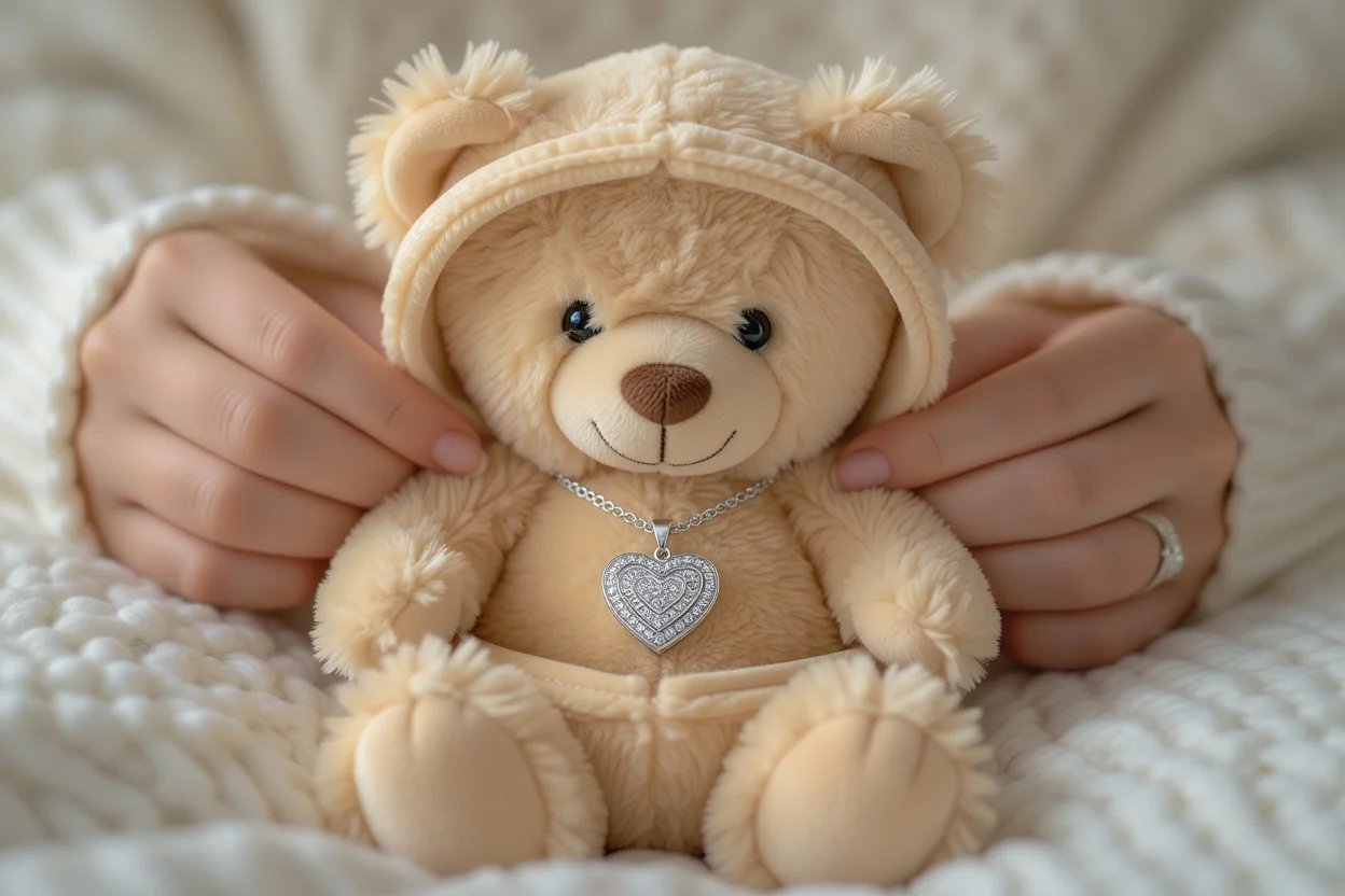 Close-up of hands revealing hidden heart necklace inside teddy bear gift compartment