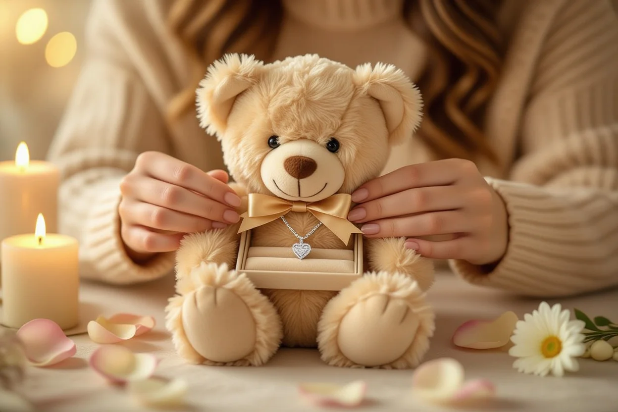 Woman discovering hidden necklace surprise inside romantic teddy bear gift