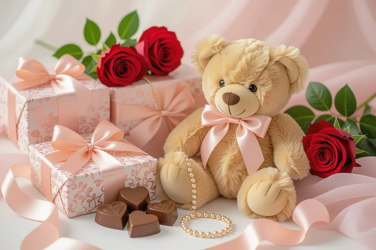 Romantic gifts for her flat lay with teddy bear and jewelry Valentine's Day
