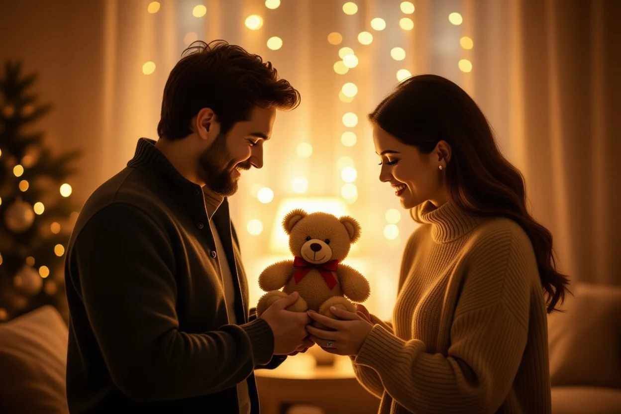Romantic couple gift giving moment with teddy bear surprise present