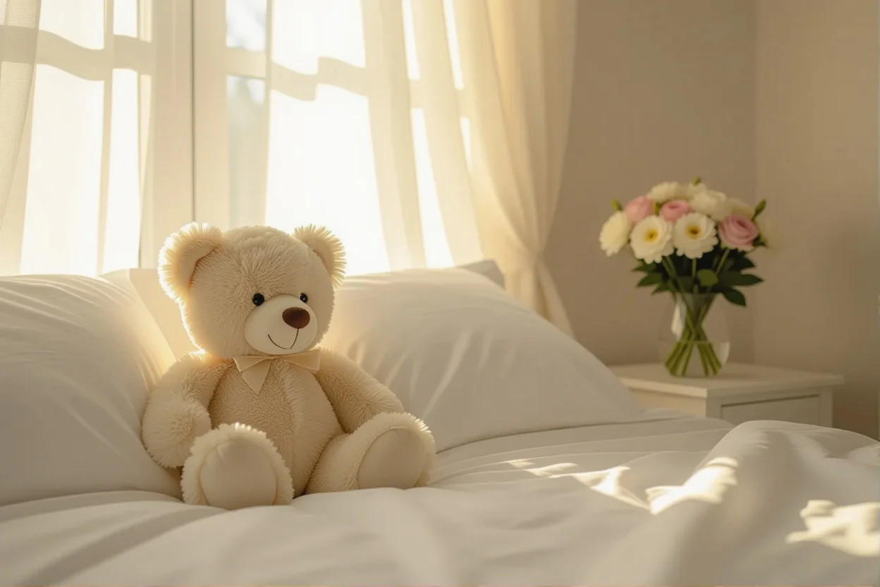 Romantic teddy bear gift on bed with morning sunlight for daily comfort