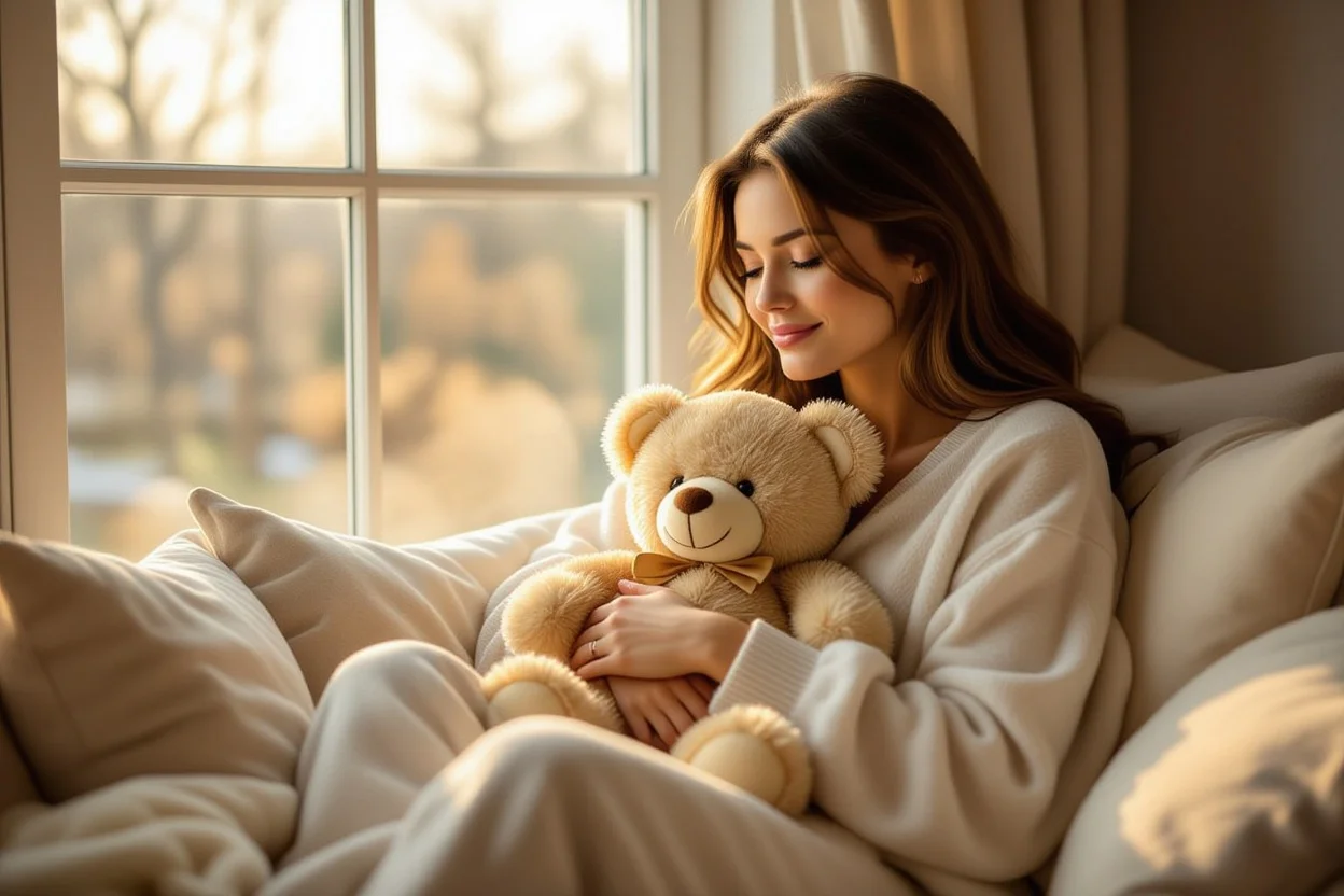 Woman cuddling comfort teddy bear gift in cozy reading nook