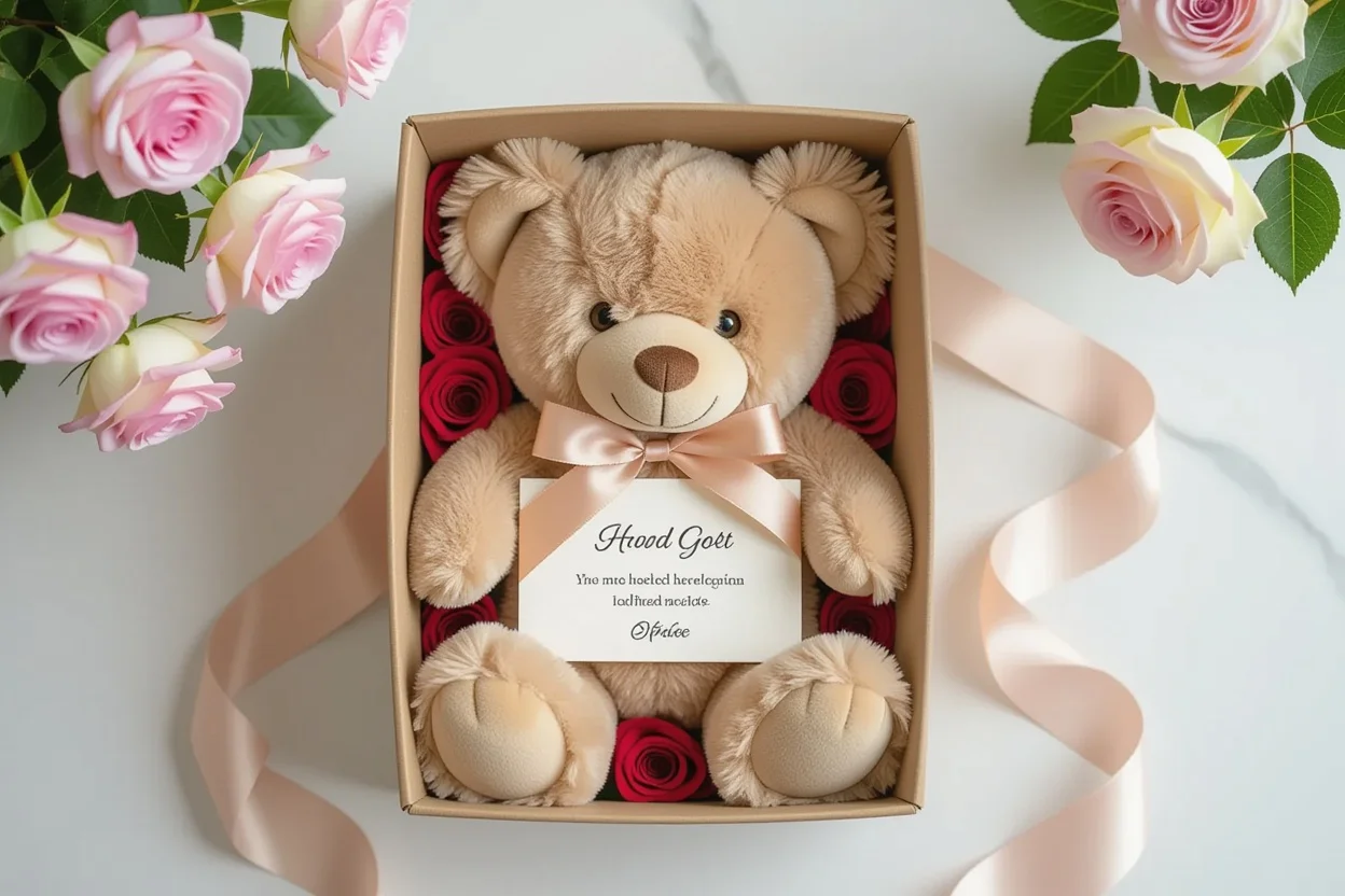Luxury teddy bear romantic gift set with preserved roses for her