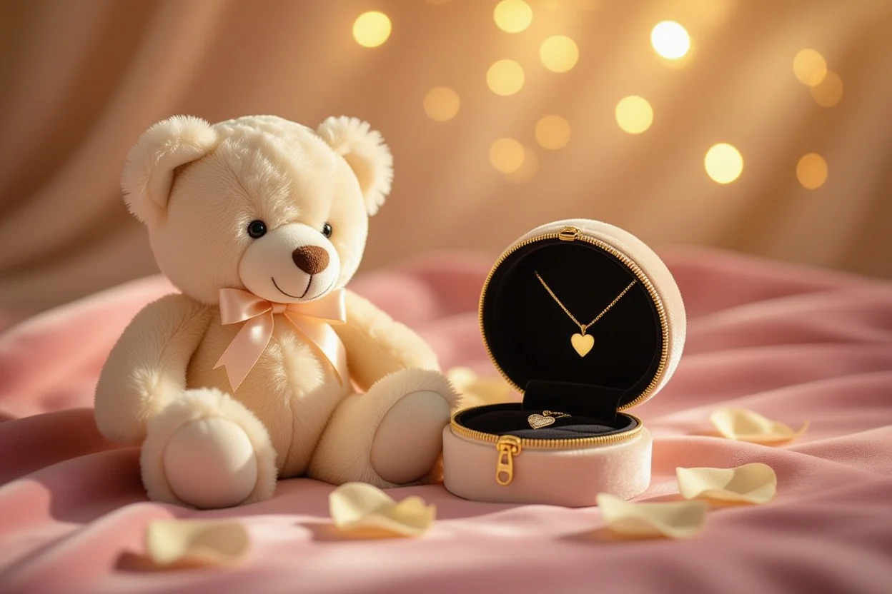 Romantic teddy bear with hidden jewelry compartment containing heart necklace for Valentine's Day gift