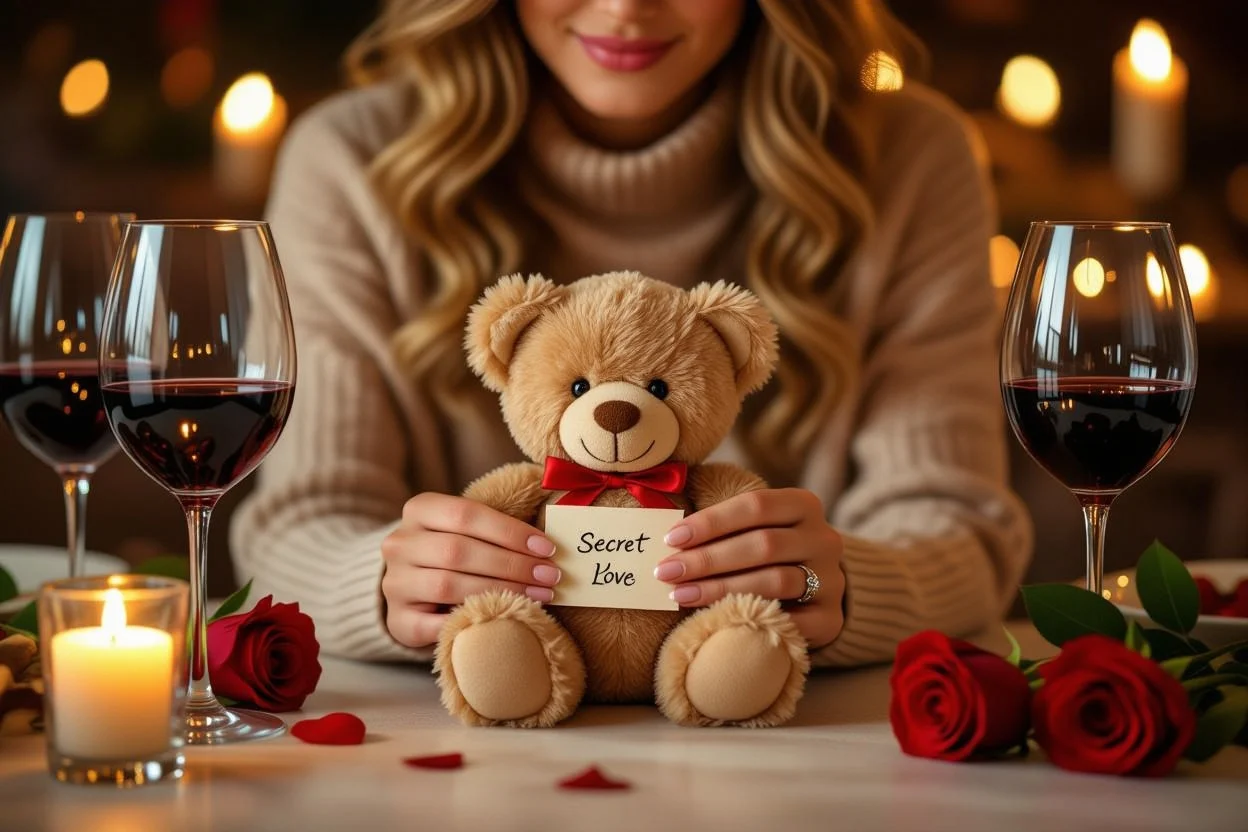 Woman receiving romantic teddy bear gift with hidden love note during intimate dinner date