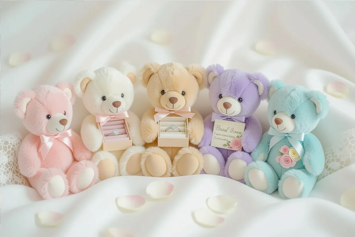 Collection of romantic teddy bears with various hidden surprises arranged as Valentine's Day gifts