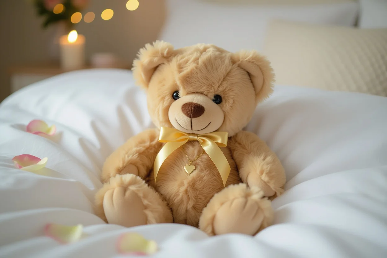 Romantic teddy bear with hidden necklace surprise gift for her on bed with rose petals
