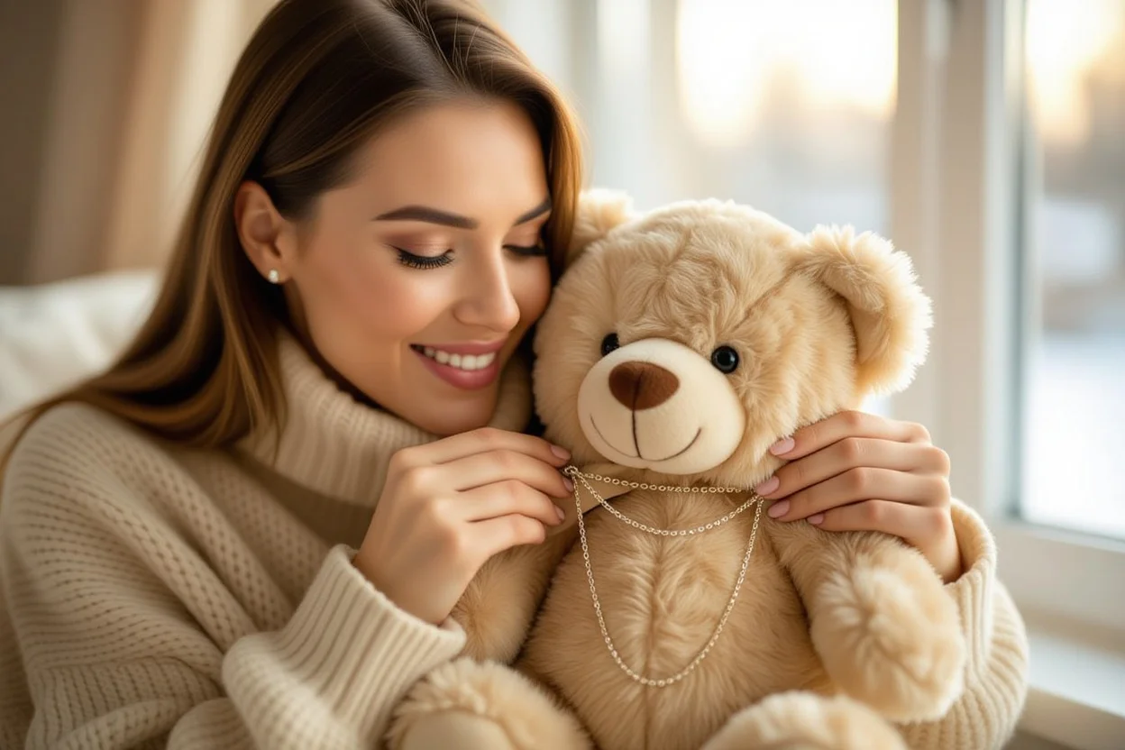 Woman discovering hidden necklace surprise inside teddy bear romantic gift moment