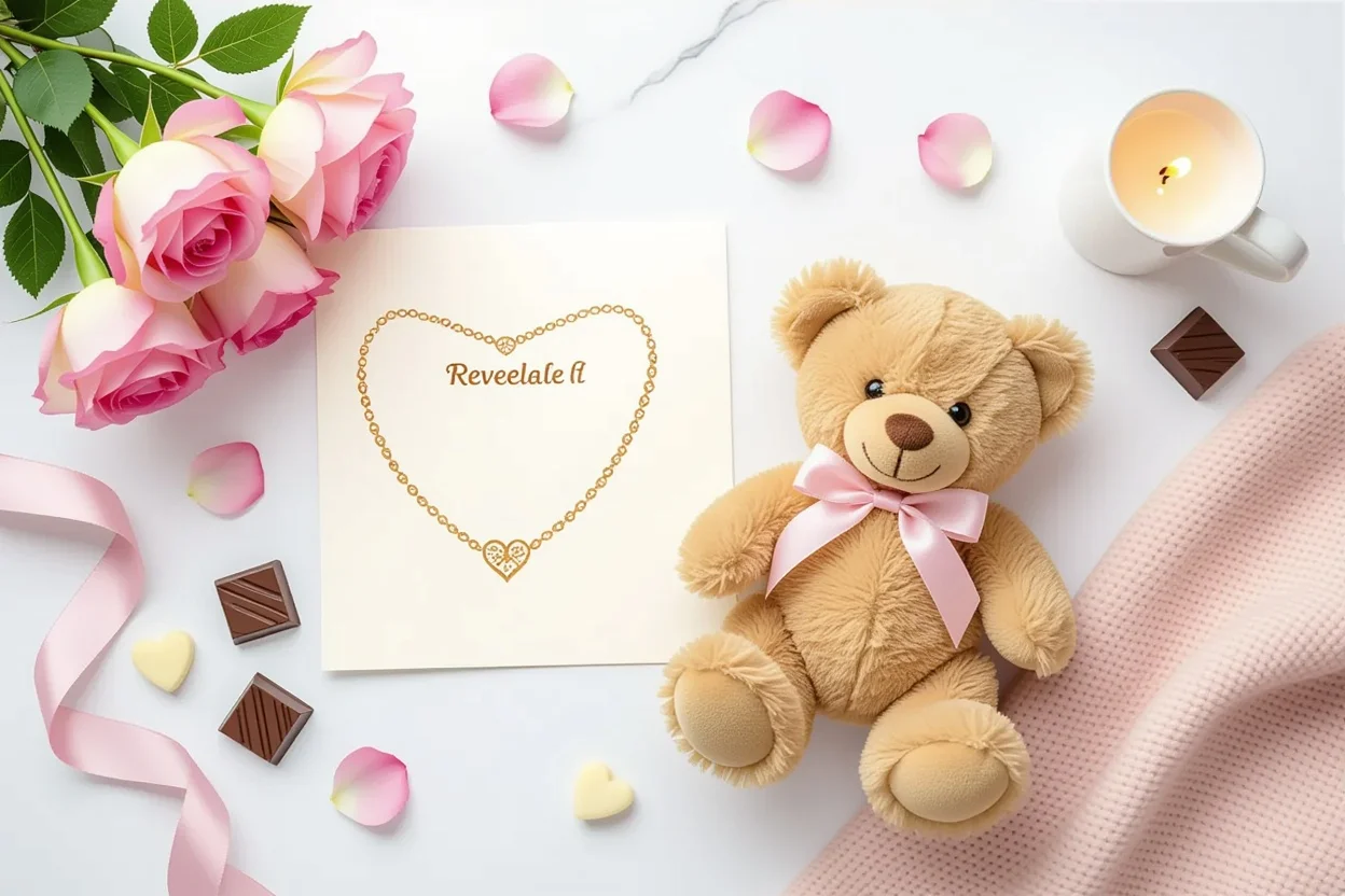 Flat lay of romantic gifts including teddy bear with necklace, flowers, and love notes