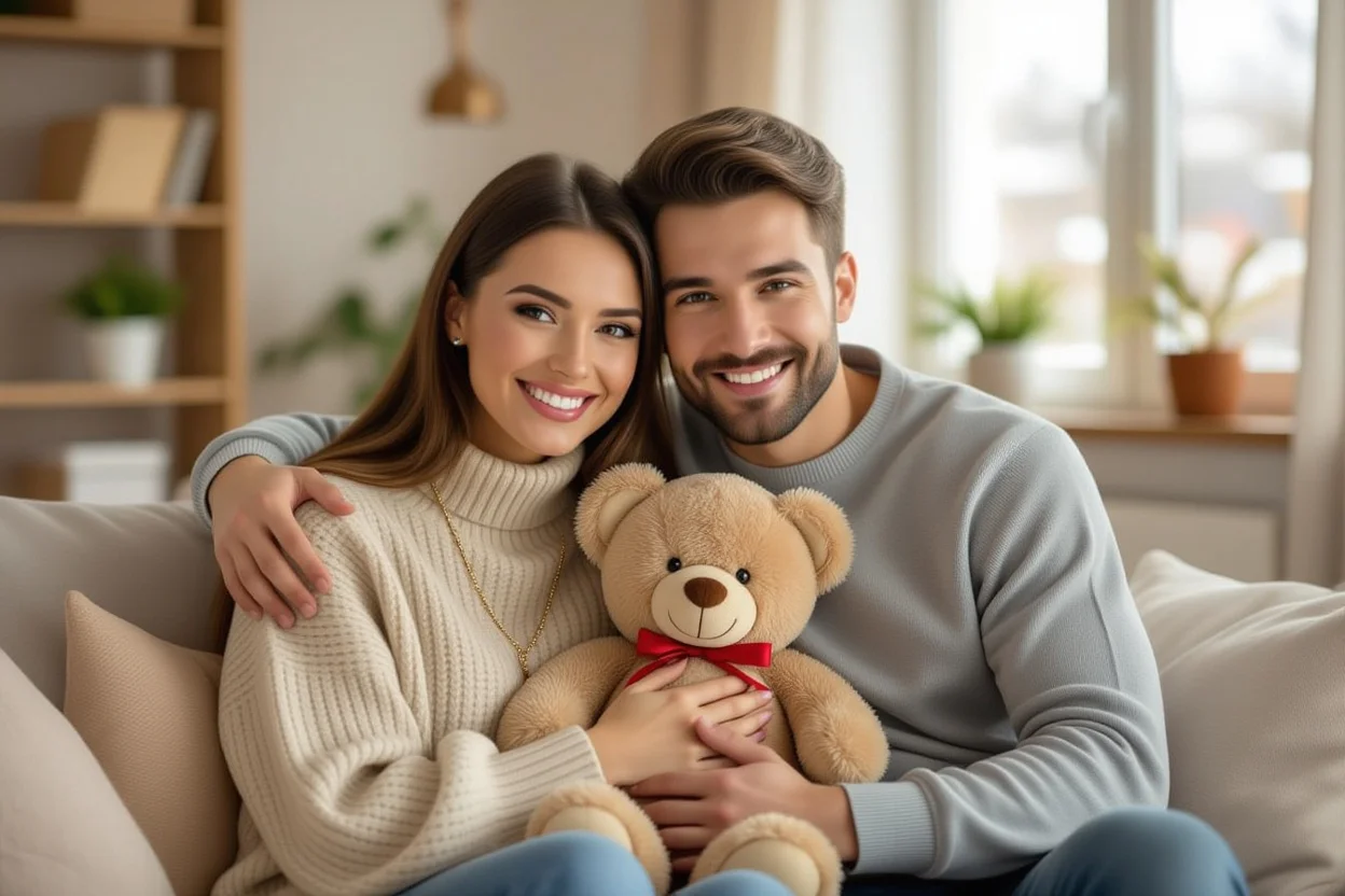 Happy couple enjoying romantic teddy bear necklace gift in cozy home setting