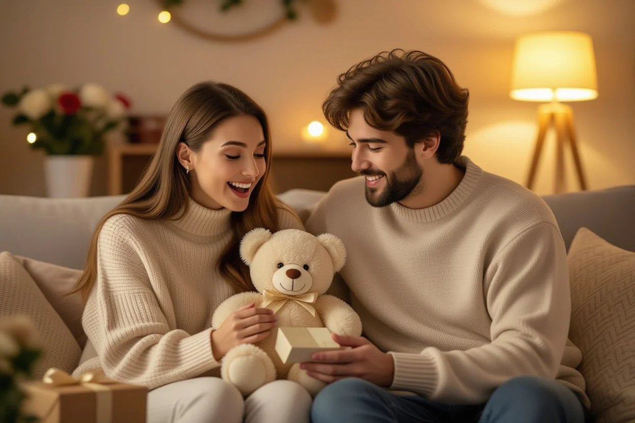 Couple discovering hidden necklace surprise in romantic teddy bear gift