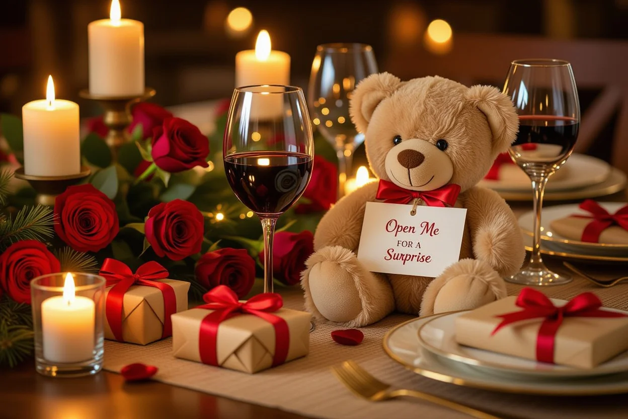 Romantic dinner table with surprise teddy bear gift for anniversary celebration