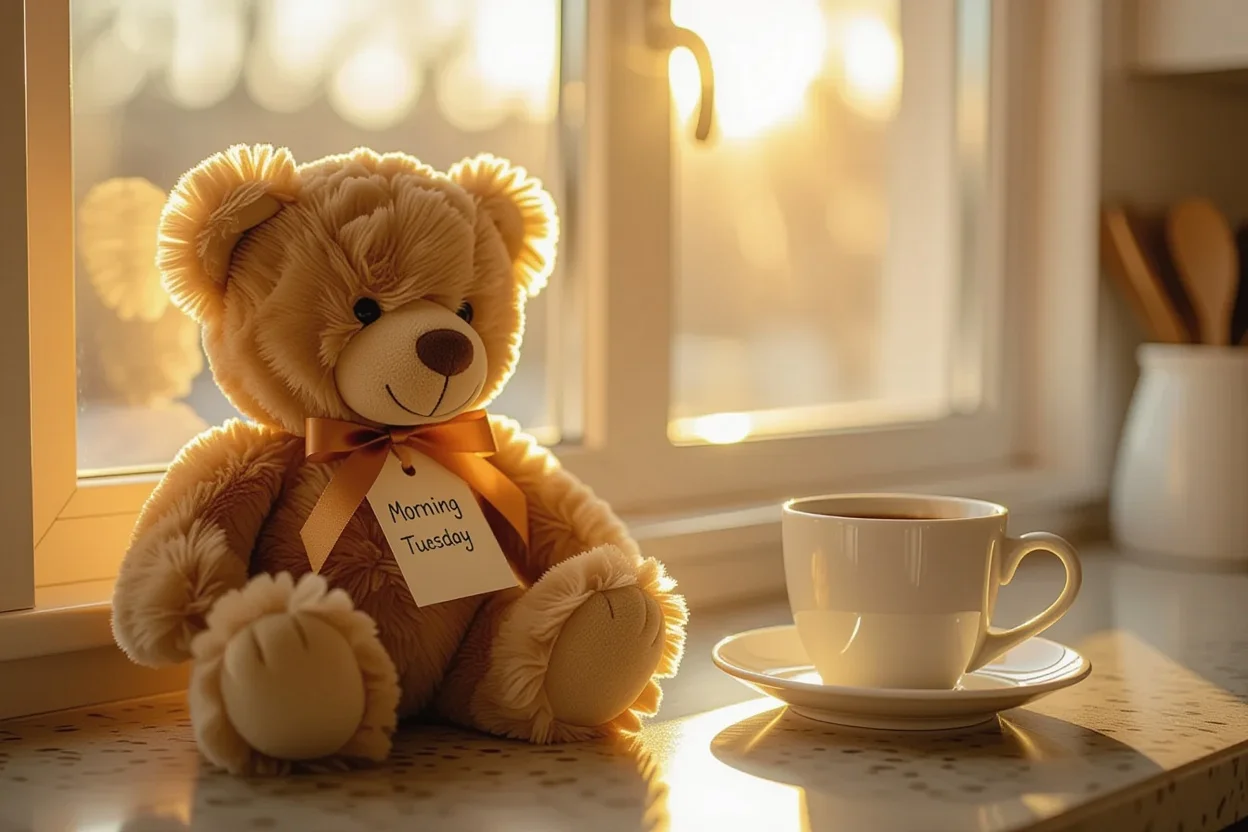 Mountova teddy bear surprise gift on kitchen counter with coffee and morning sunlight