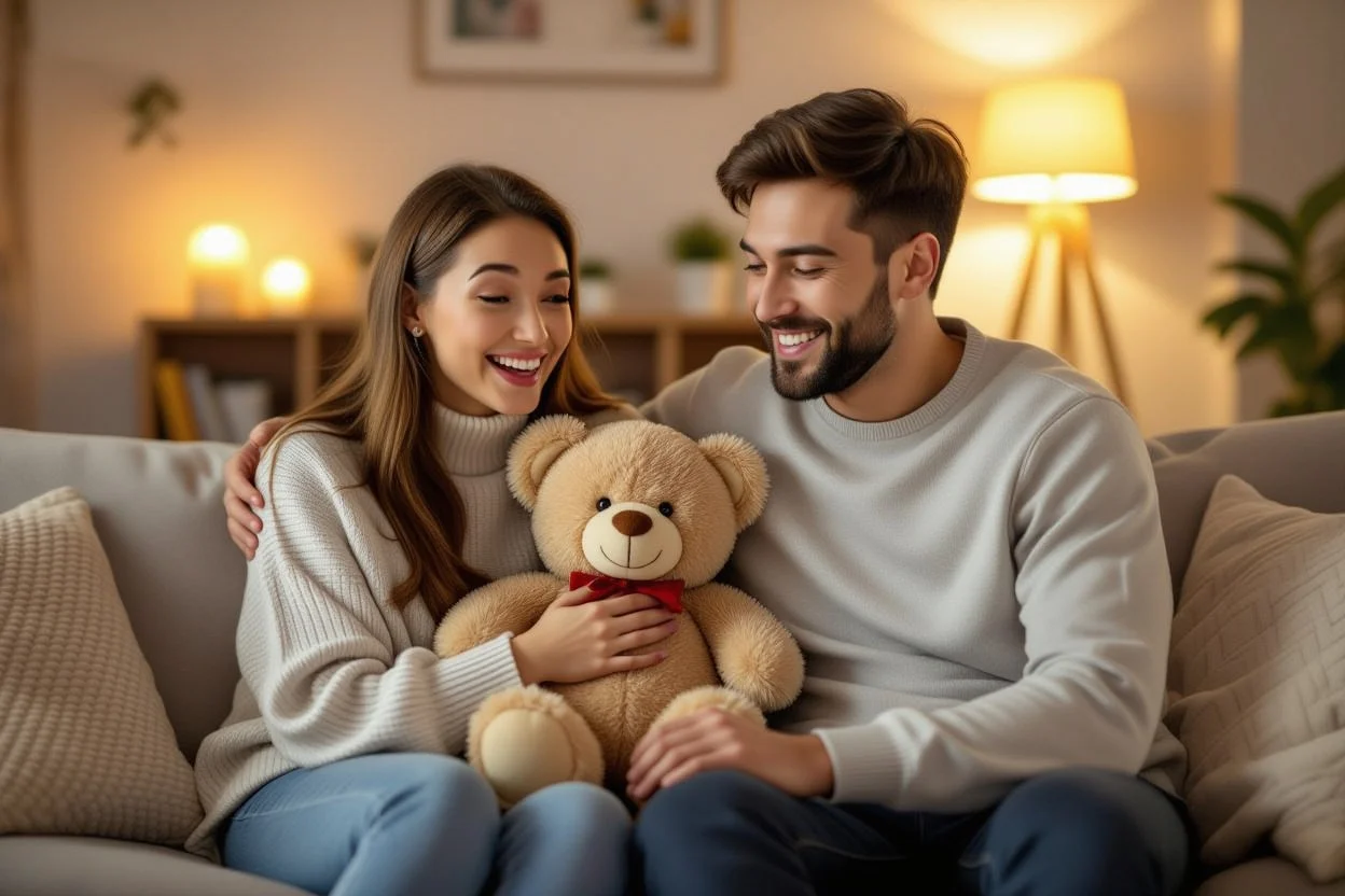 Happy couple sharing surprise teddy bear gift moment on couch in cozy living room