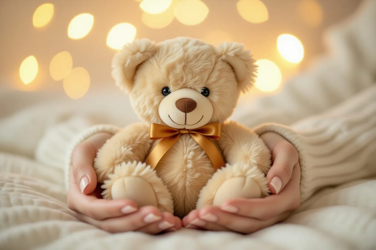 Close-up of hands holding soft Mountova teddy bear with romantic bokeh lighting background