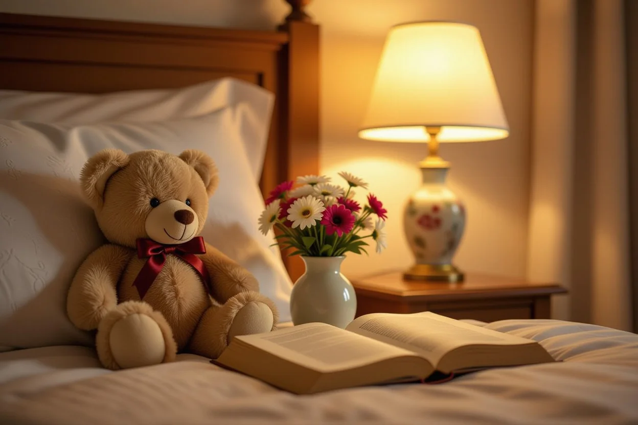Mountova teddy bear on bedside table with flowers and warm lamp light creating romantic atmosphere