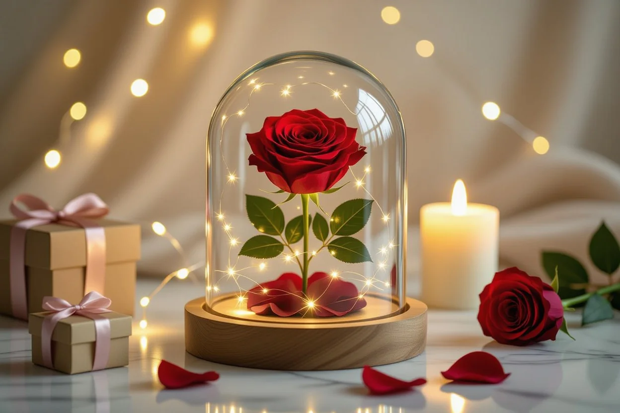 Preserved rose in glass dome - romantic forever flower gift for anniversary or birthday