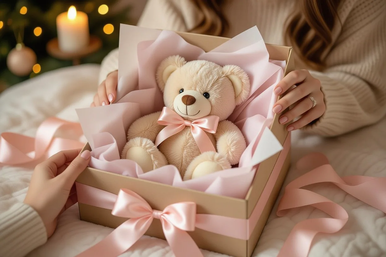 Woman opening romantic gift set with teddy bear and preserved rose - surprise birthday present