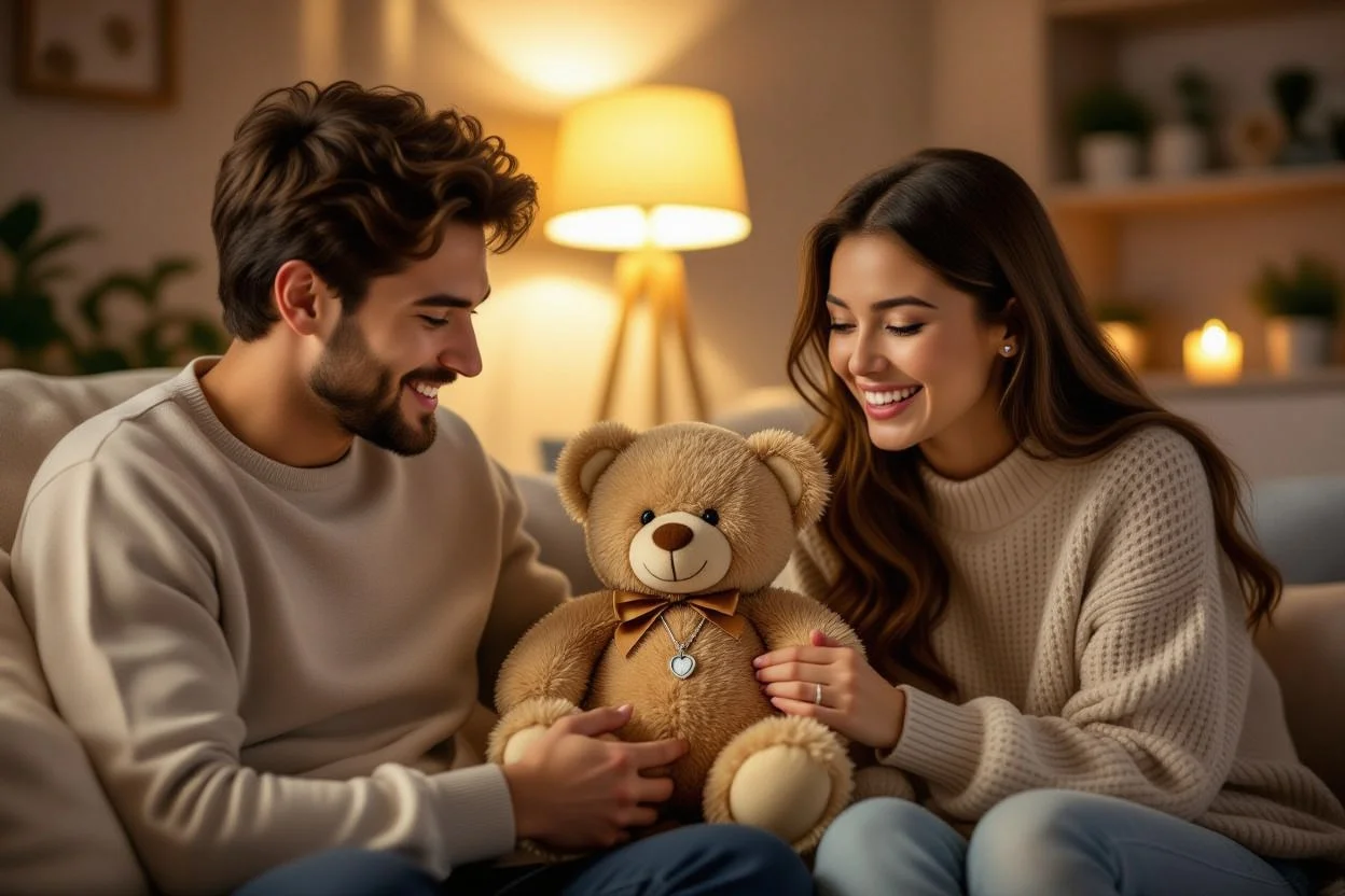 Couple sharing romantic moment with teddy bear surprise gift - relationship reconciliation scene