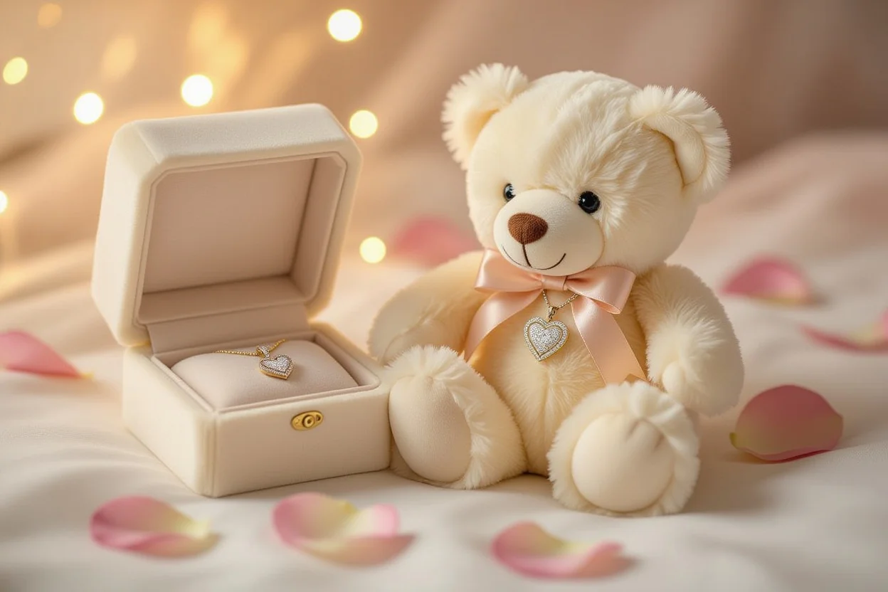 Teddy bear with hidden necklace compartment revealing heart pendant - romantic surprise gift