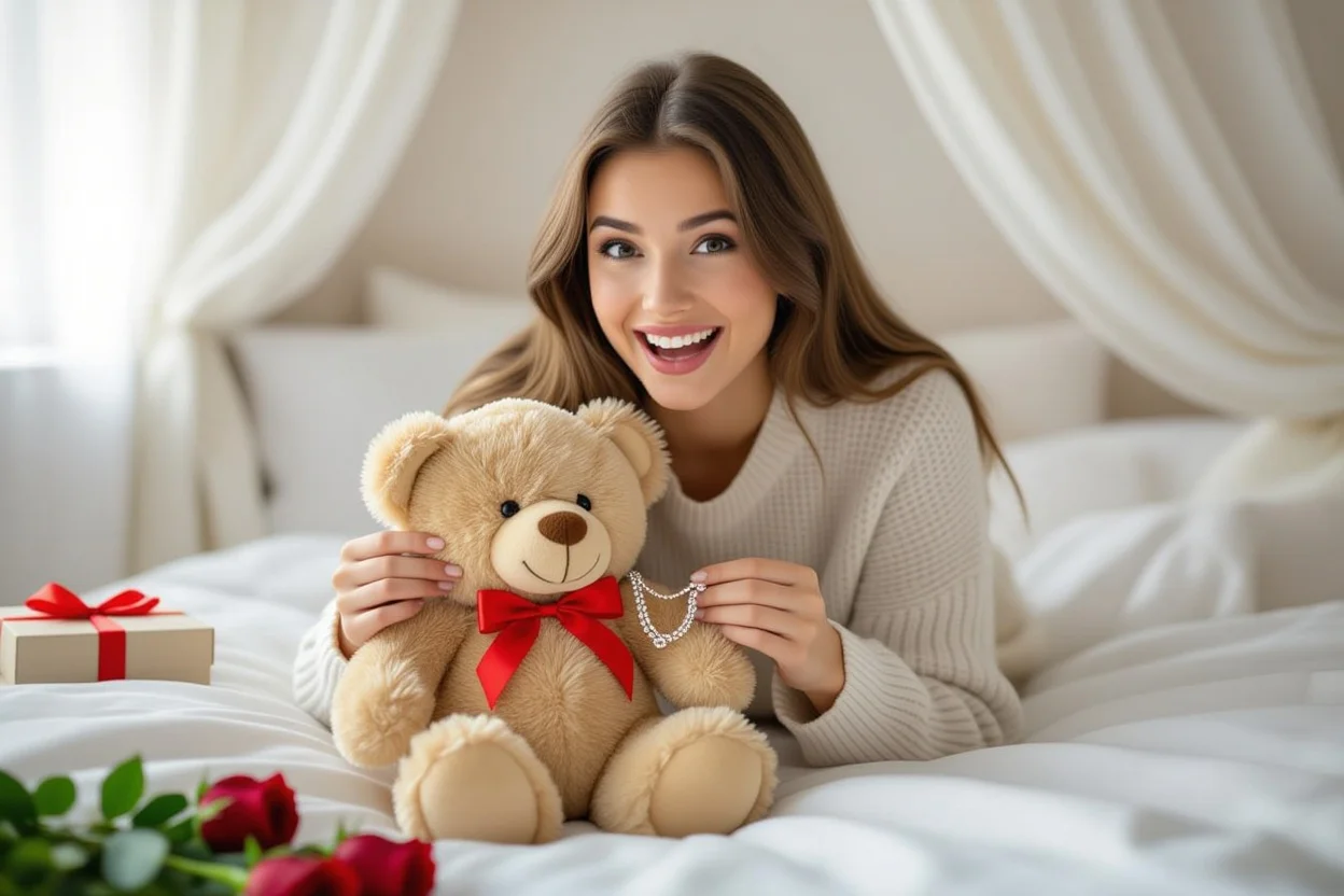Woman discovering hidden necklace surprise in teddy bear Valentine's Day romantic gift